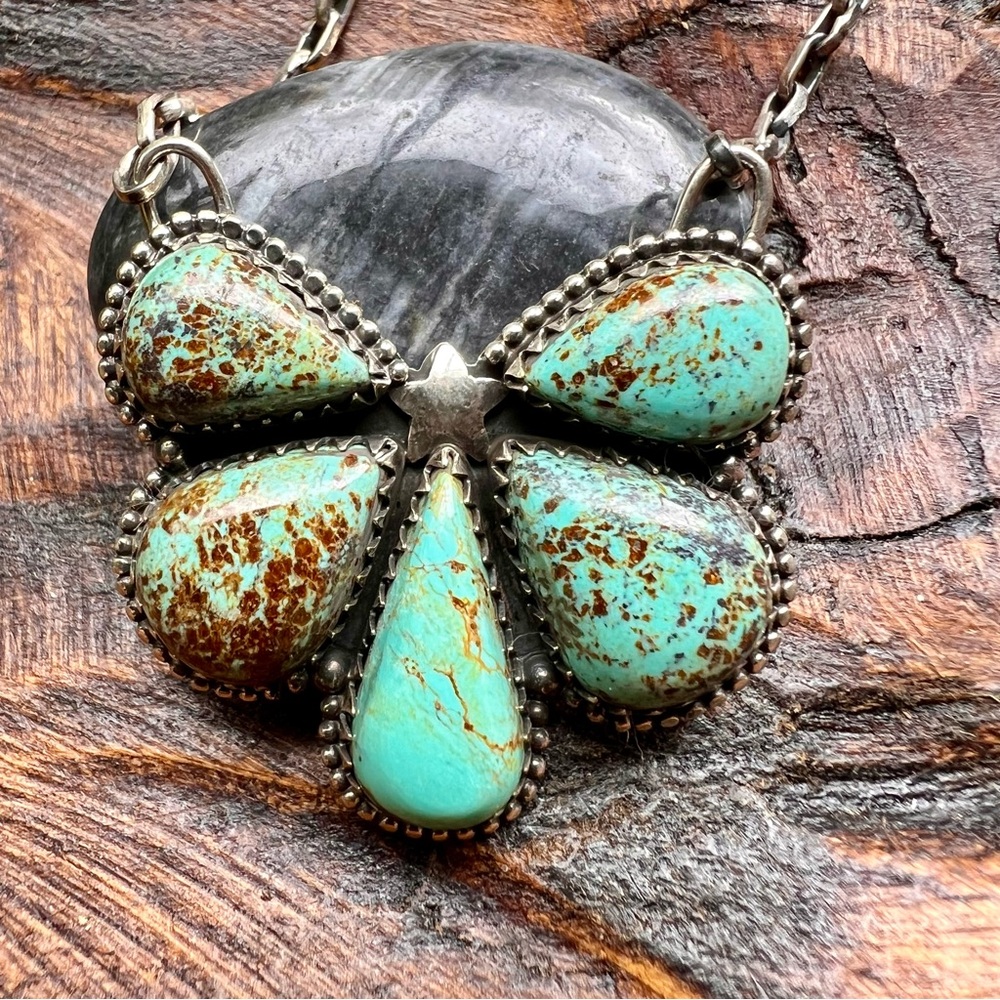 925 Sterling Silver Turquoise Cluster Necklace •Southwestern• - Picture 3 of 14